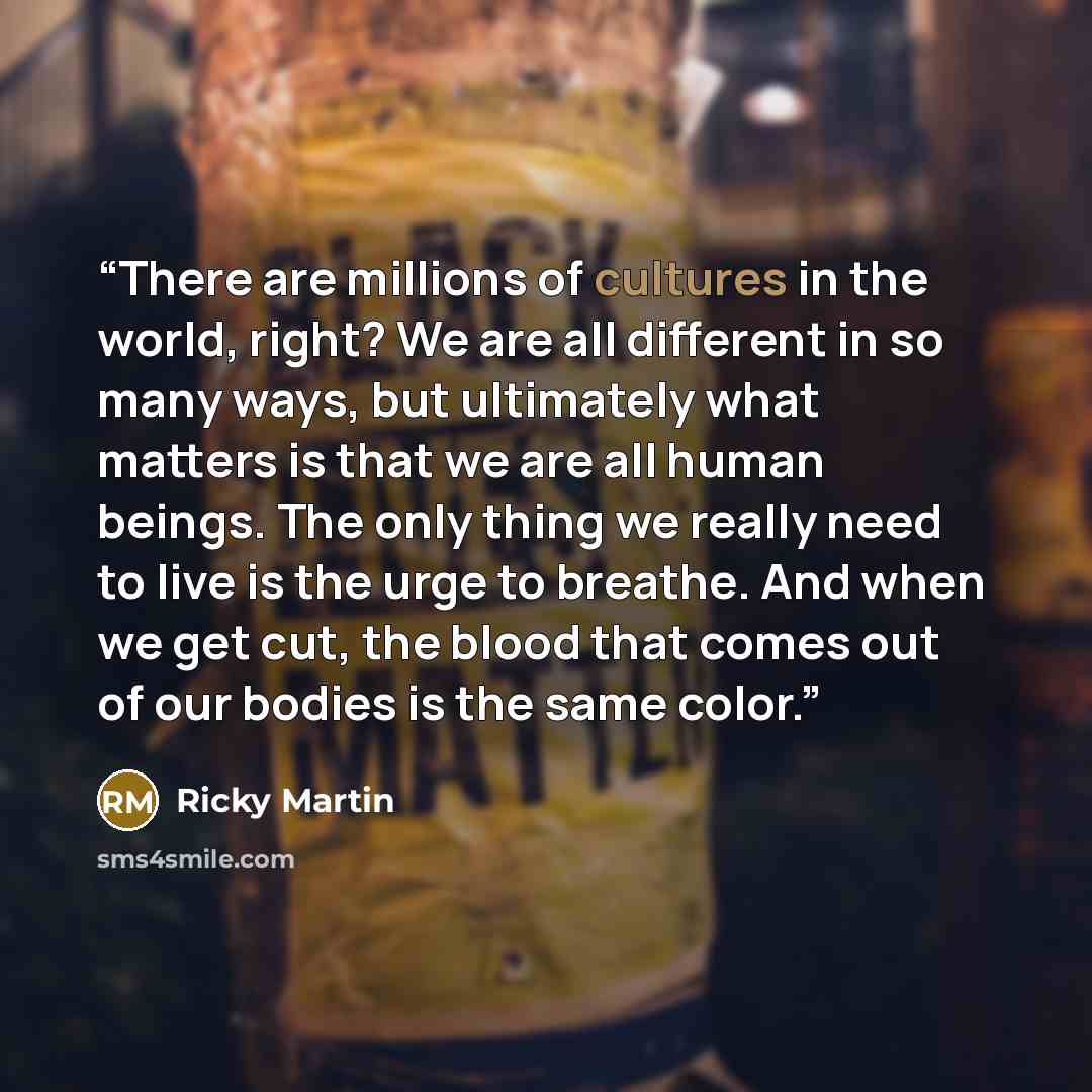 “There are millions of cultures in the world, right? We are all different in so many ways, but ultimately what matters is that we are all human beings. The only thing we really need to live is the urge to breathe. And when we get cut, the blood that comes out of our bodies is the same color.” quote by Ricky Martin