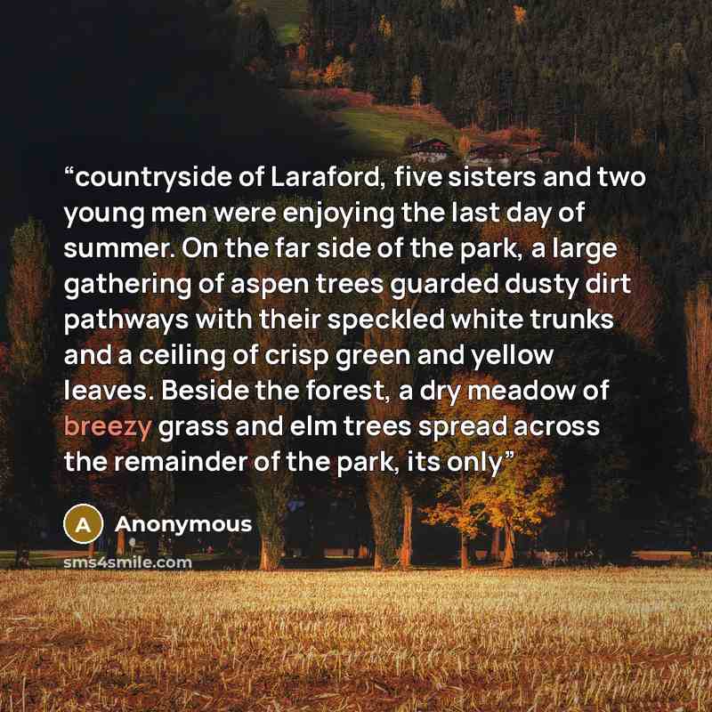“countryside of Laraford, five sisters and two young men were enjoying the last day of summer. On the far side of the park, a large gathering of aspen trees guarded dusty dirt pathways with their speckled white trunks and a ceiling of crisp green and yellow leaves. Beside the forest, a dry meadow…” quote by Anonymous
