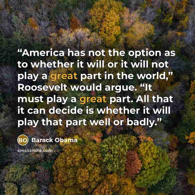 “America has not the option as to whether it will or it will not play a great part in the world,” Roosevelt would argue. “It must play a great part. All that it can decide is whether it will play that part well or badly.” quote by Barack Obama