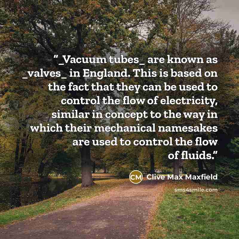 “_Vacuum tubes_ are known as _valves_ in England. This is based on the fact that they can be used to control the flow of electricity, similar in concept to the way in which their mechanical namesakes are used to control the flow of fluids.” quote by Clive Max Maxfield