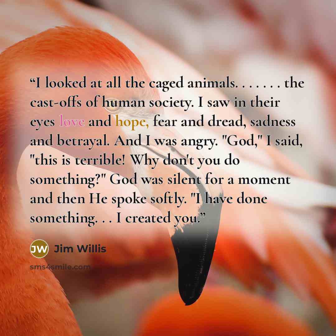 “I looked at all the caged animals. . . . . . . the cast-offs of human society. I saw in their eyes love and hope, fear and dread, sadness and betrayal. And I was angry. "God," I said, "this is terrible! Why don't you do something?" God was silent for a moment and then He spoke softly. "I have done…” quote by Jim Willis