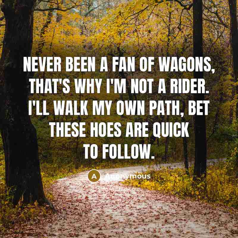 “Never been a fan of wagons, that's why I'm not a rider. I'll walk my own path, bet these hoes are quick to follow.” quote by Anonymous