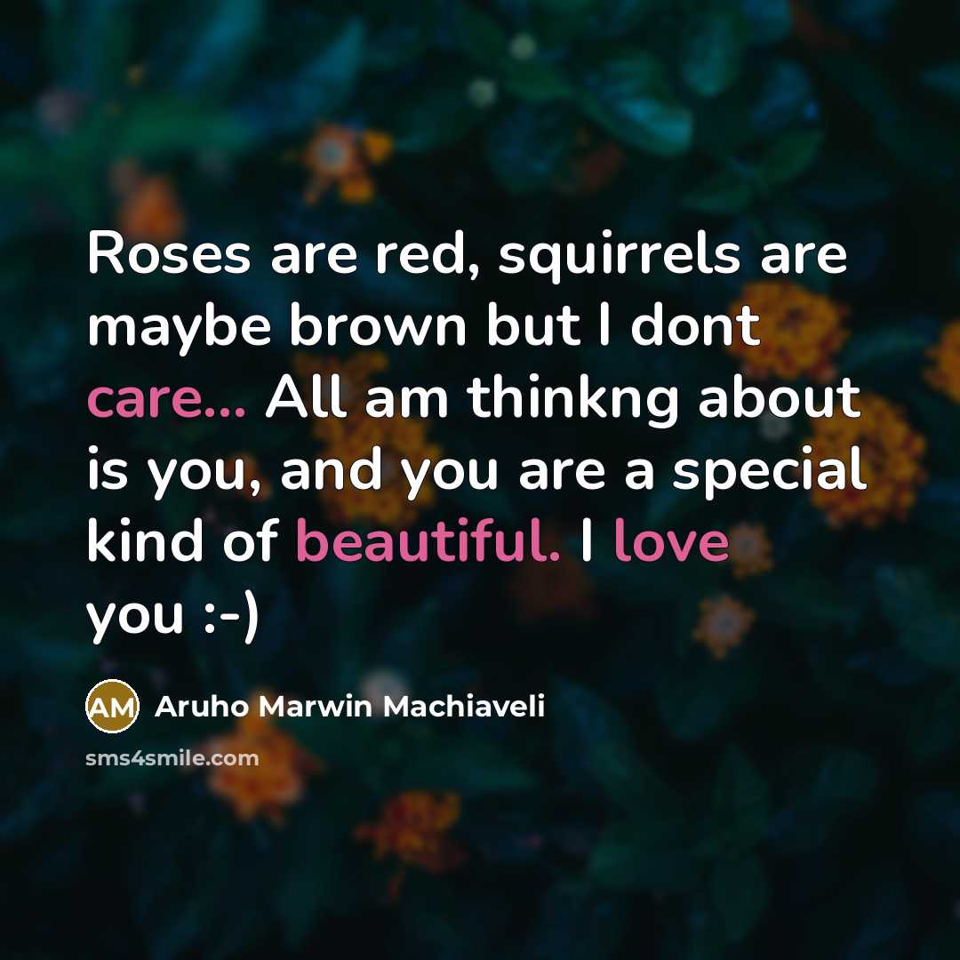 “Roses are red, squirrels are maybe brown but I dont care... All am thinkng about is you, and you are a special kind of beautiful. I love you :-)” quote by Aruho Marwin Machiaveli