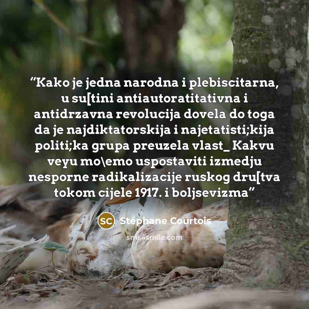 “Kako je jedna narodna i plebiscitarna, u su[tini antiautoratitativna i antidrzavna revolucija dovela do toga da je najdiktatorskija i najetatisti;kija politi;ka grupa preuzela vlast_ Kakvu veyu mo\emo uspostaviti izmedju nesporne radikalizacije ruskog dru[tva tokom cijele 1917. i boljsevizma” quote by Stéphane Courtois