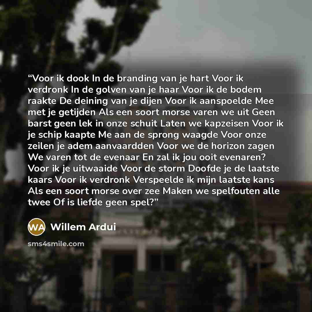 “Voor ik dook In de branding van je hart Voor ik verdronk In de golven van je haar Voor ik de bodem raakte De deining van je dijen Voor ik aanspoelde Mee met je getijden Als een soort morse varen we uit Geen barst geen lek in onze schuit Laten we kapzeisen Voor ik je schip kaapte Me aan de sprong…” quote by Willem Ardui