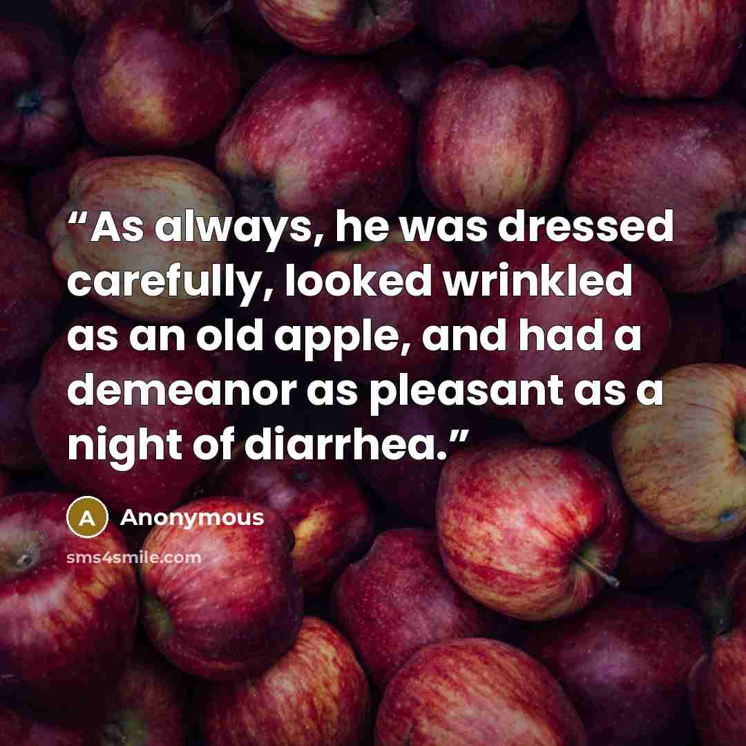 “As always, he was dressed carefully, looked wrinkled as an old apple, and had a demeanor as pleasant as a night of diarrhea.” quote by Anonymous