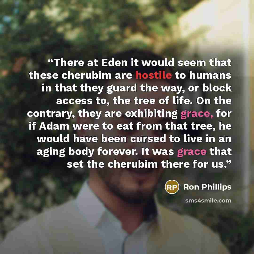 “There at Eden it would seem that these cherubim are hostile to humans in that they guard the way, or block access to, the tree of life. On the contrary, they are exhibiting grace, for if Adam were to eat from that tree, he would have been cursed to live in an aging body forever. It was grace that…” quote by Ron Phillips