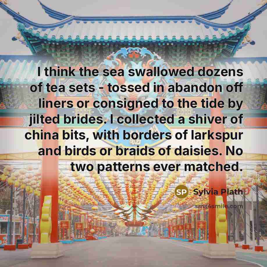 “I think the sea swallowed dozens of tea sets - tossed in abandon off liners or consigned to the tide by jilted brides. I collected a shiver of china bits, with borders of larkspur and birds or braids of daisies. No two patterns ever matched.” quote by Sylvia Plath