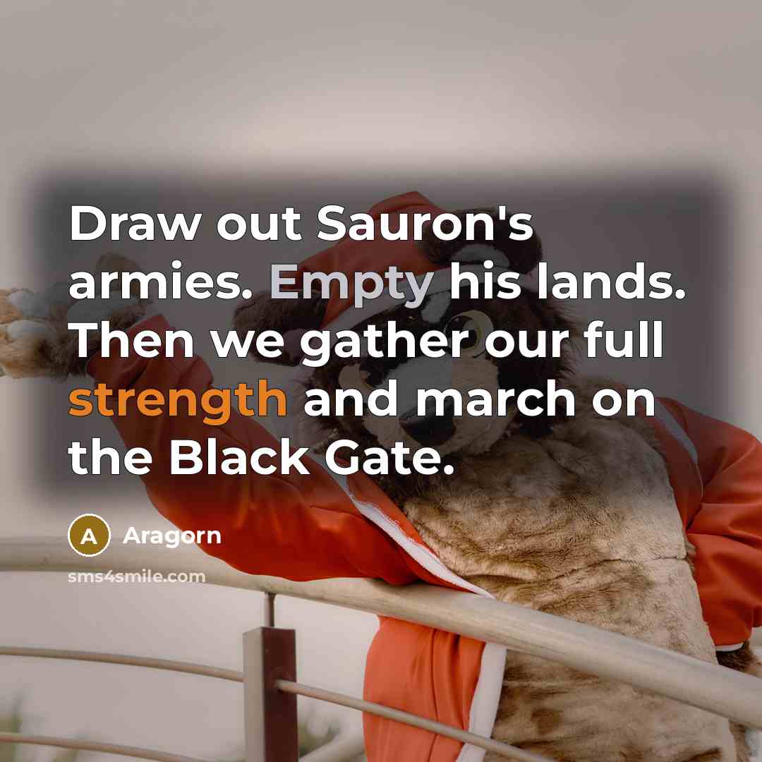 “Draw out Sauron's armies. Empty his lands. Then we gather our full strength and march on the Black Gate.” quote by Aragorn