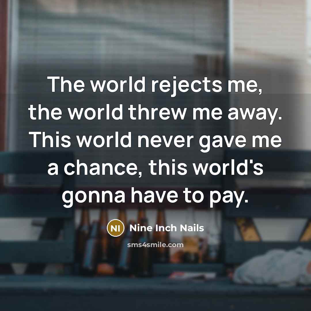 “The world rejects me, the world threw me away. This world never gave me a chance, this world's gonna have to pay.” quote by Nine Inch Nails