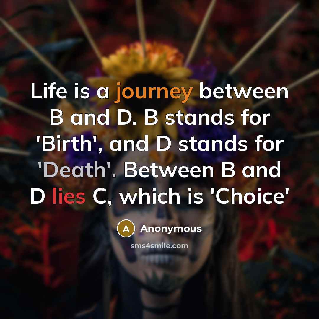 “Life is a journey between B and D. B stands for 'Birth', and D stands for 'Death'. Between B and D lies C, which is 'Choice'” quote by Anonymous