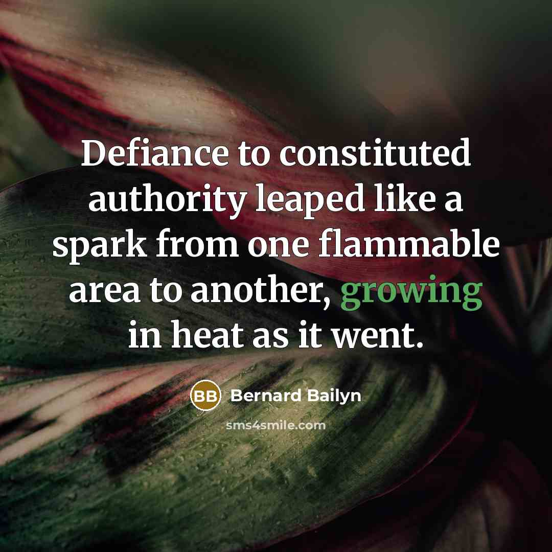 “Defiance to constituted authority leaped like a spark from one…” quote by Bernard Bailyn