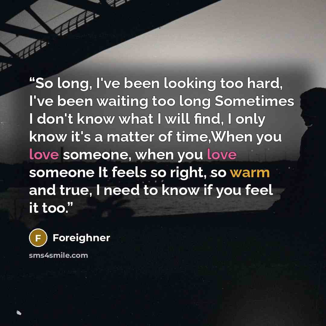 “So long, I've been looking too hard, I've been waiting too long Sometimes I don't know what I will find, I only know it's a matter of time,When you love someone, when you love someone It feels so right, so warm and true, I need to know if you feel it too.” quote by Foreighner