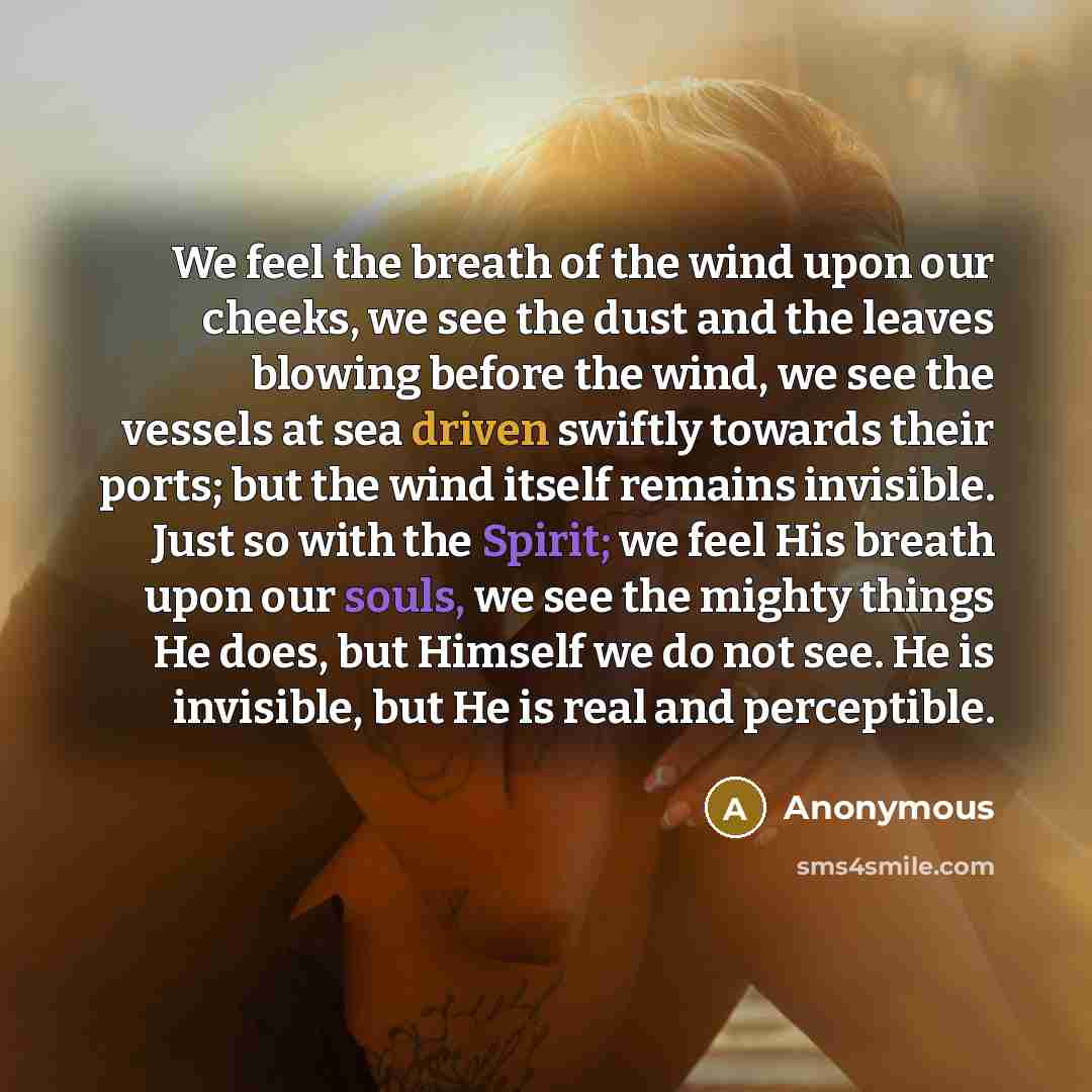 “We feel the breath of the wind upon our cheeks, we see the dust and the leaves blowing before the wind, we see the vessels at sea driven swiftly towards their ports; but the wind itself remains invisible. Just so with the Spirit; we feel His breath upon our souls, we see the mighty things He does…” quote by Anonymous