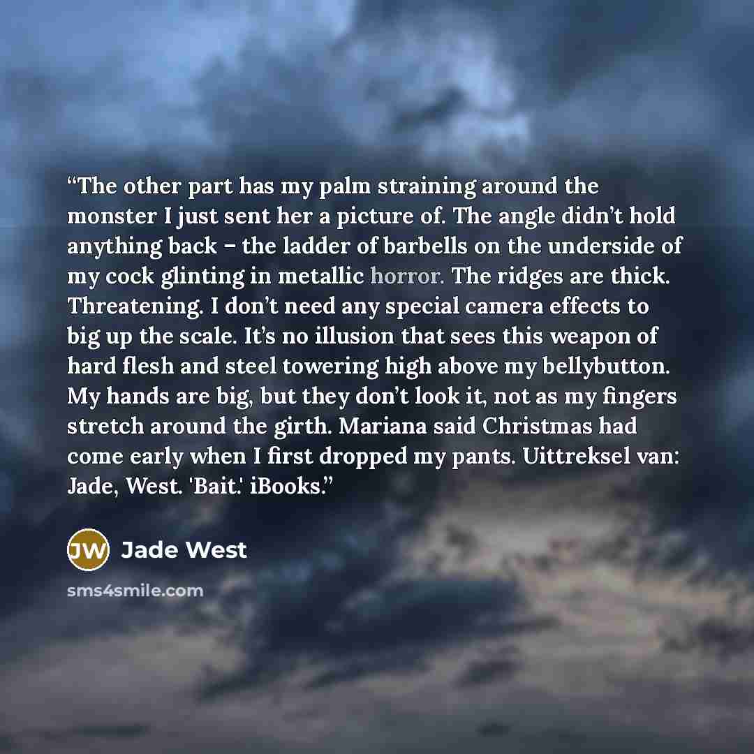 “The other part has my palm straining around the monster I just sent her a picture of. The angle didn’t hold anything back – the ladder of barbells on the underside of my cock glinting in metallic horror. The ridges are thick. Threatening. I don’t need any special camera effects to big up the…” quote by Jade West