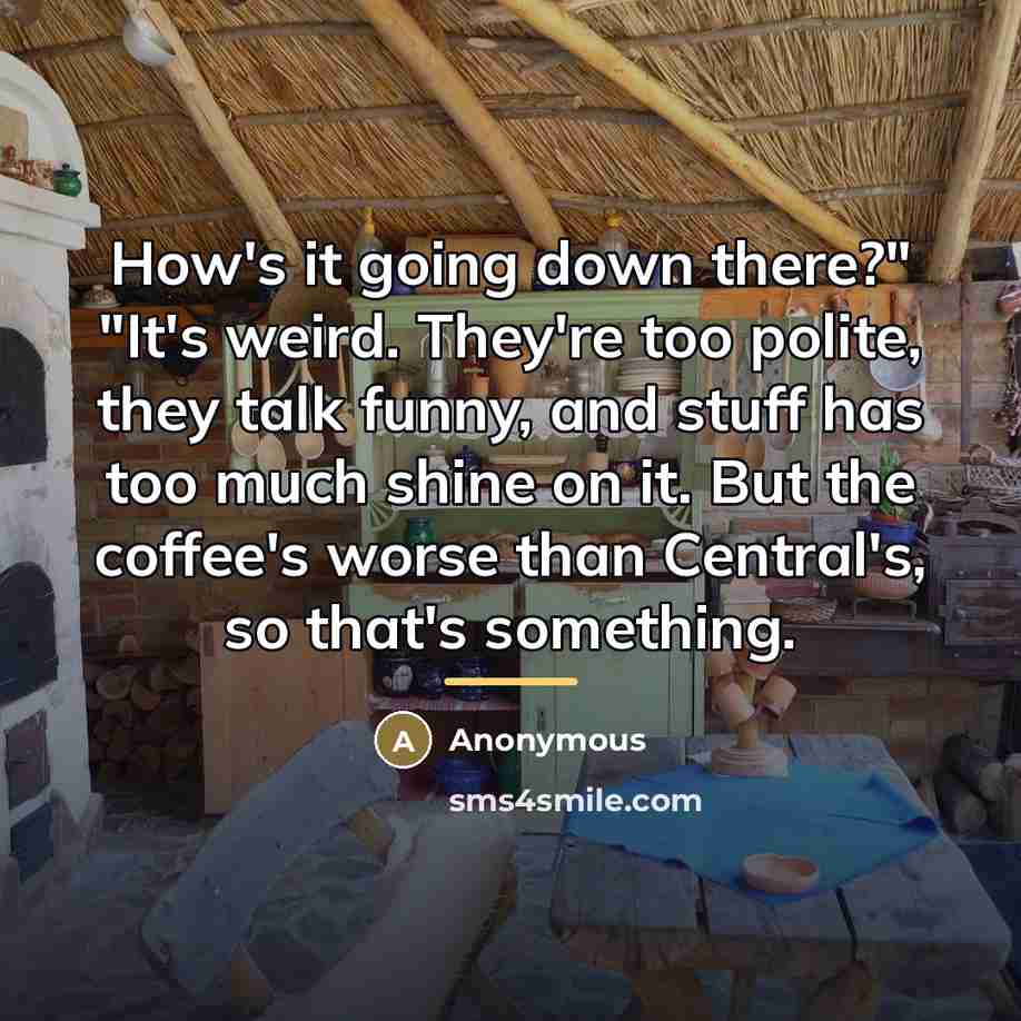 “How's it going down there?" "It's weird. They're too polite,…” quote by Anonymous