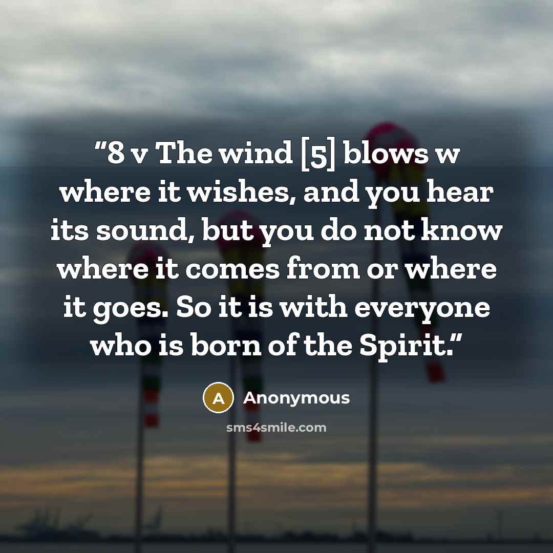 “8 v The wind [5] blows w where it wishes, and you hear its sound, but you do not know where it comes from or where it goes. So it is with everyone who is born of the Spirit.” quote by Anonymous
