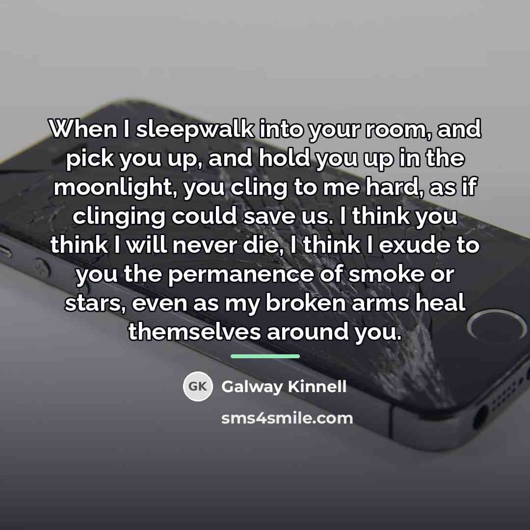 “When I sleepwalk into your room, and pick you up,…” quote by Galway Kinnell