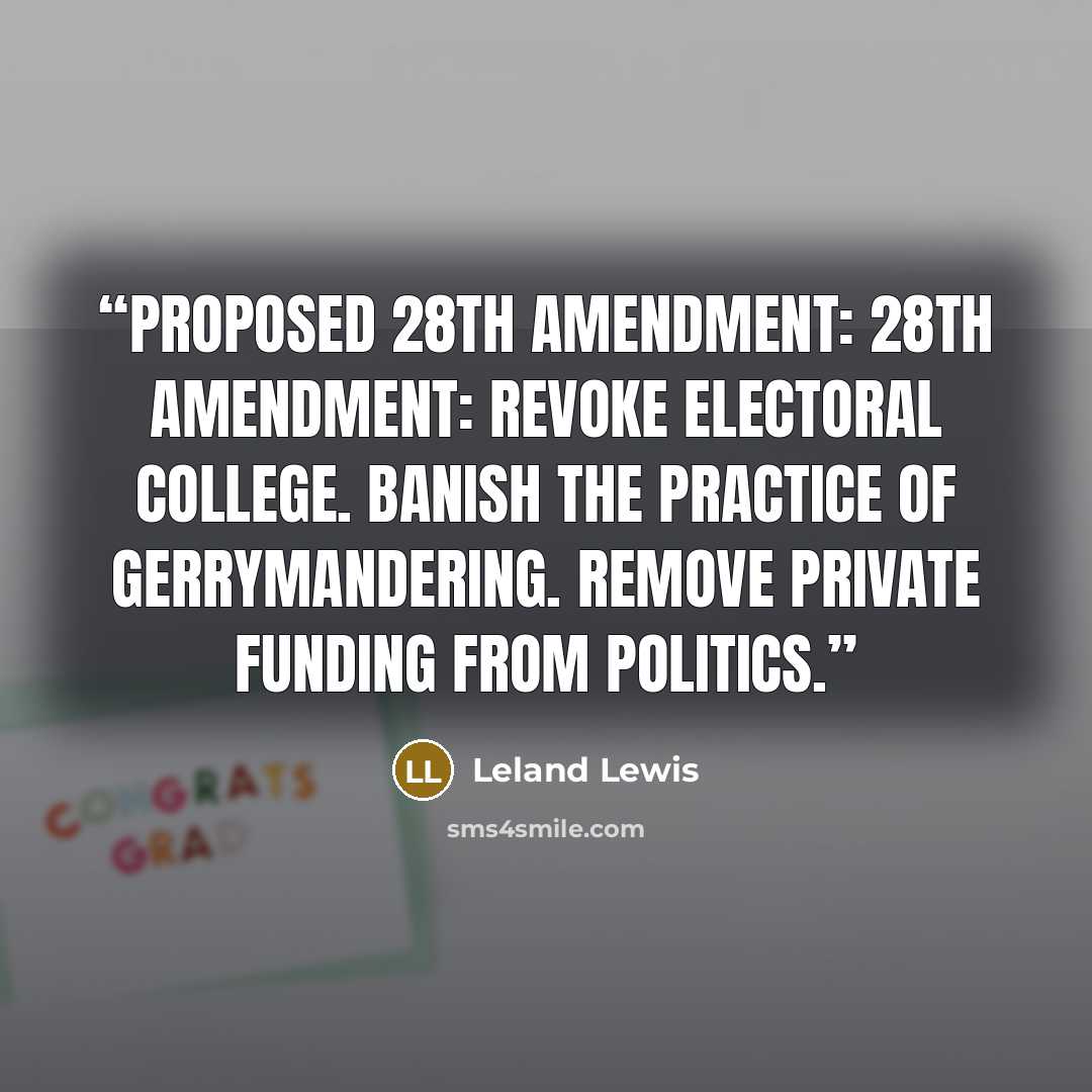“Proposed 28th Amendment: 28th Amendment: Revoke Electoral College. Banish the practice of Gerrymandering. Remove private funding from politics.” quote by Leland Lewis