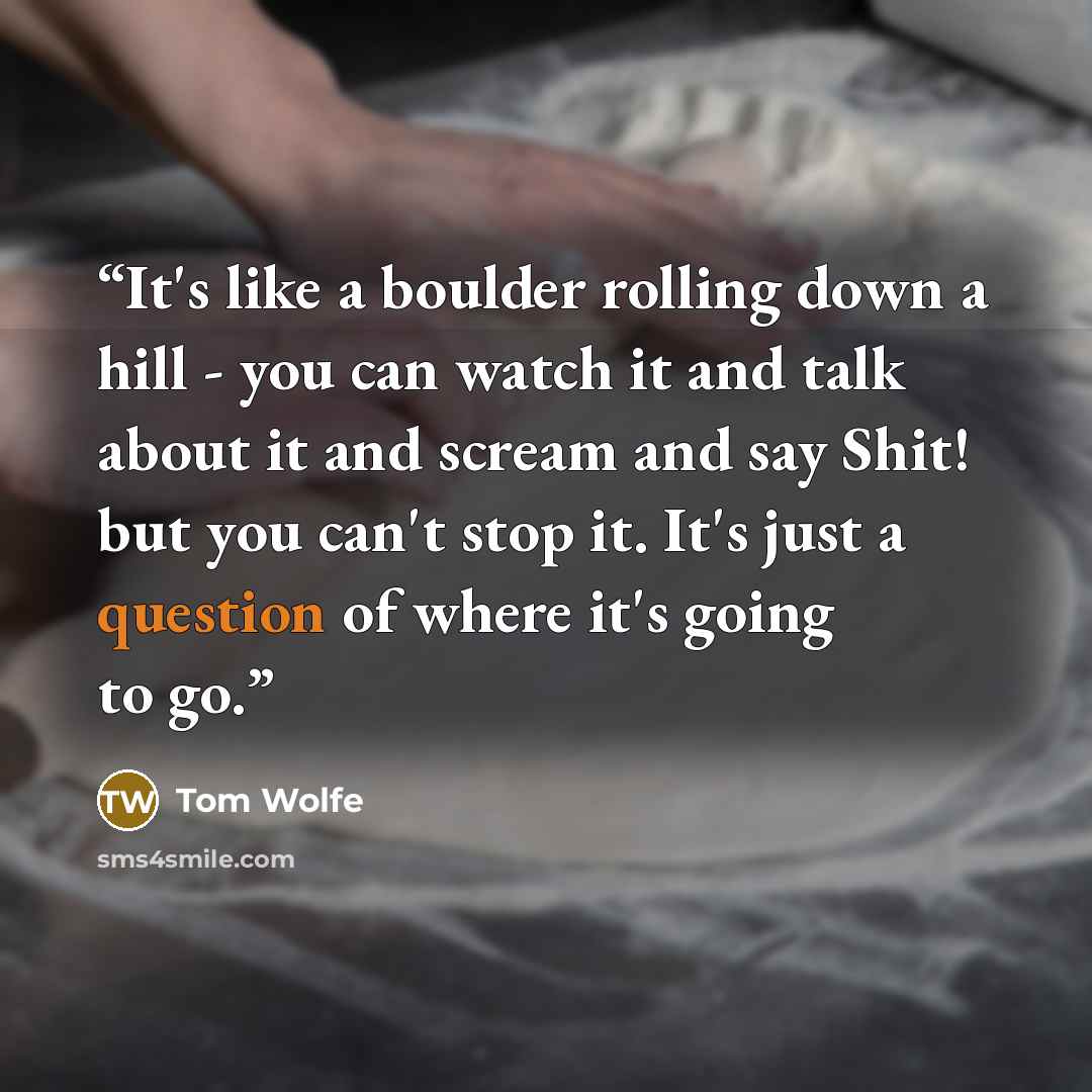 “It's like a boulder rolling down a hill - you can watch it and talk about it and scream and say Shit! but you can't stop it. It's just a question of where it's going to go.” quote by Tom Wolfe
