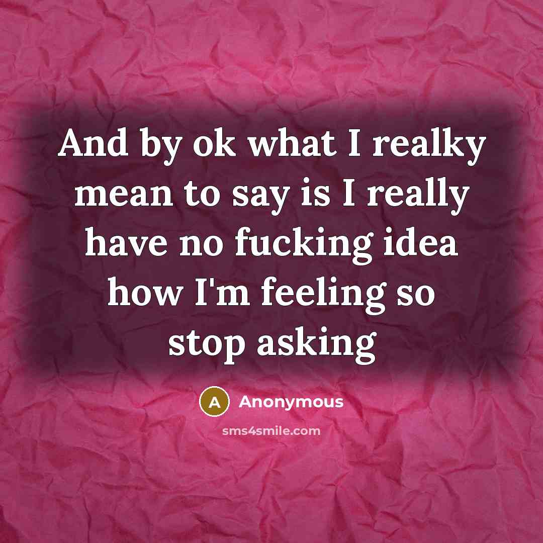 “And by ok what I realky mean to say is I really have no fucking idea how I'm feeling so stop asking” quote by Anonymous