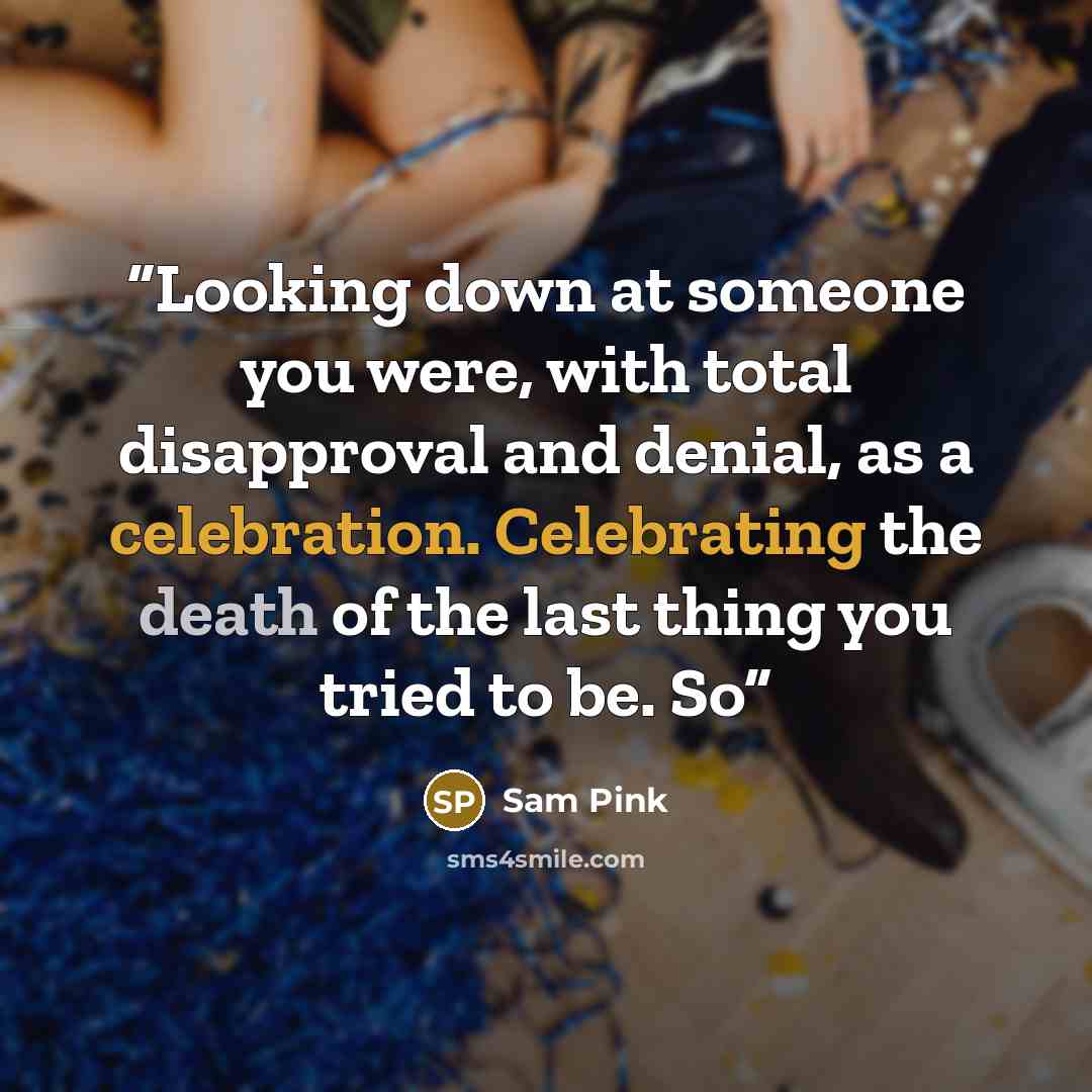 “Looking down at someone you were, with total disapproval and denial, as a celebration. Celebrating the death of the last thing you tried to be. So” quote by Sam Pink