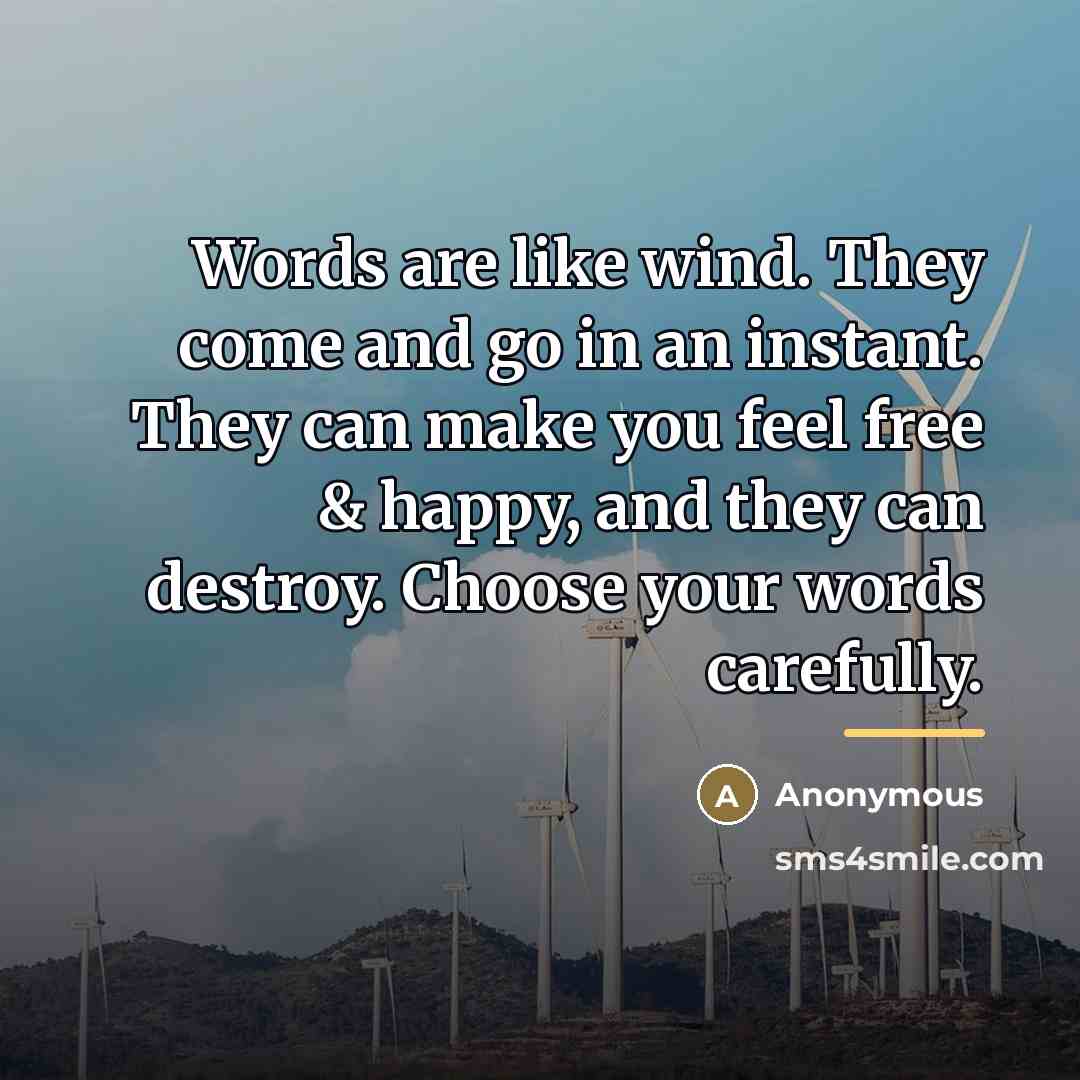 “Words are like wind. They come and go in an instant. They can make you feel free & happy, and they can destroy. Choose your words carefully.” quote by Anonymous