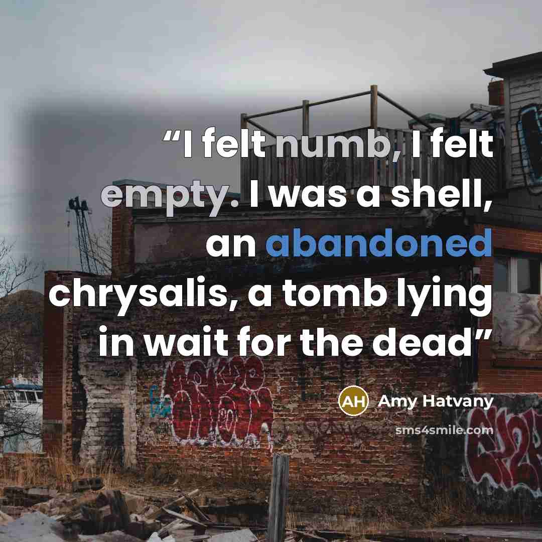 “I felt numb, I felt empty. I was a shell, an abandoned chrysalis, a tomb lying in wait for the dead” quote by Amy Hatvany