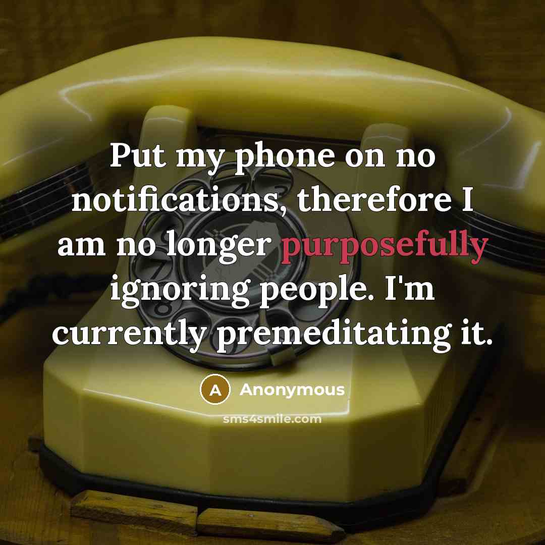 “Put my phone on no notifications, therefore I am no longer purposefully ignoring people. I'm currently premeditating it.” quote by Anonymous