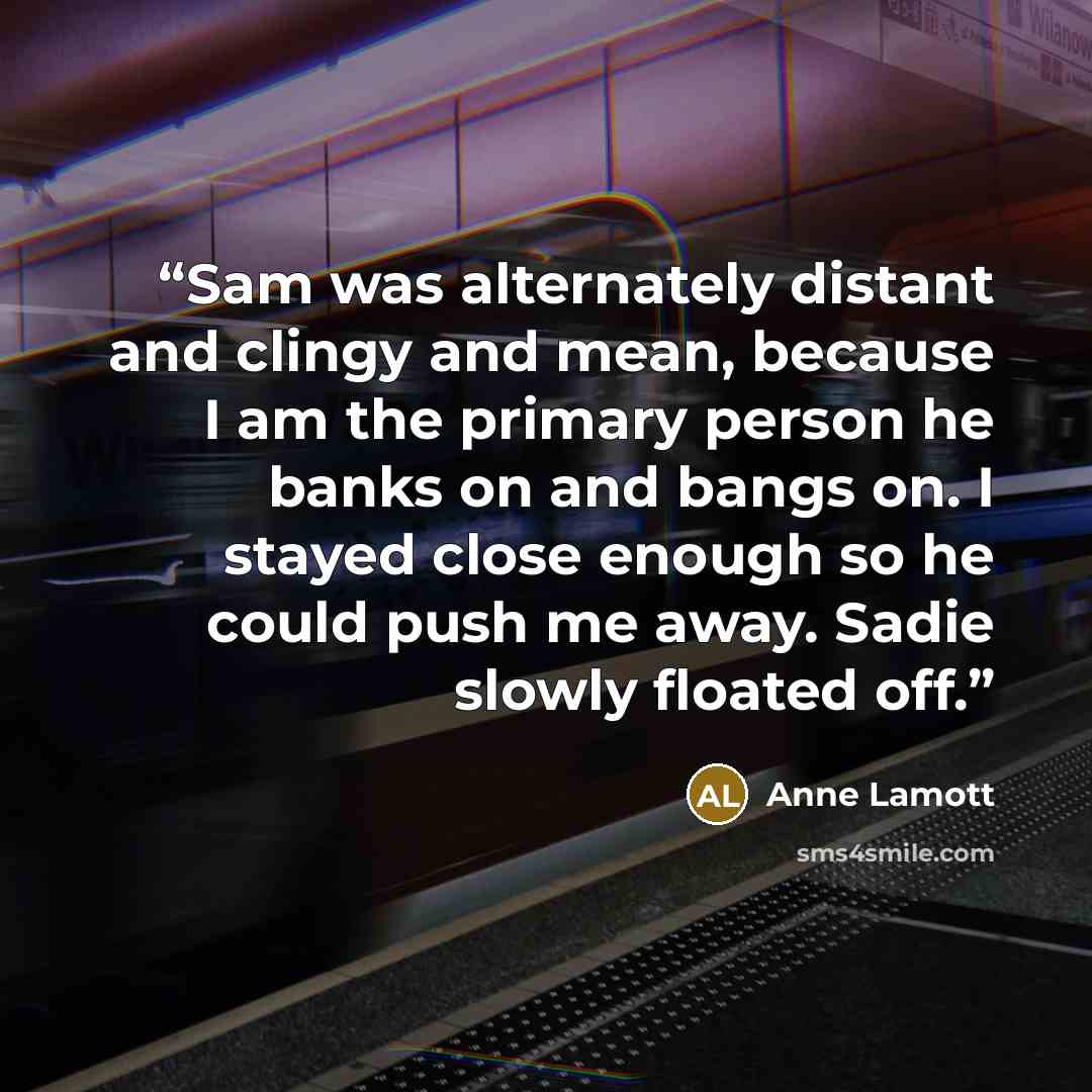 “Sam was alternately distant and clingy and mean, because I am the primary person he banks on and bangs on. I stayed close enough so he could push me away. Sadie slowly floated off.” quote by Anne Lamott