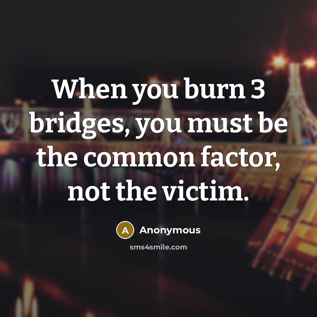 “When you burn 3 bridges, you must be the common factor, not the victim.” quote by Anonymous