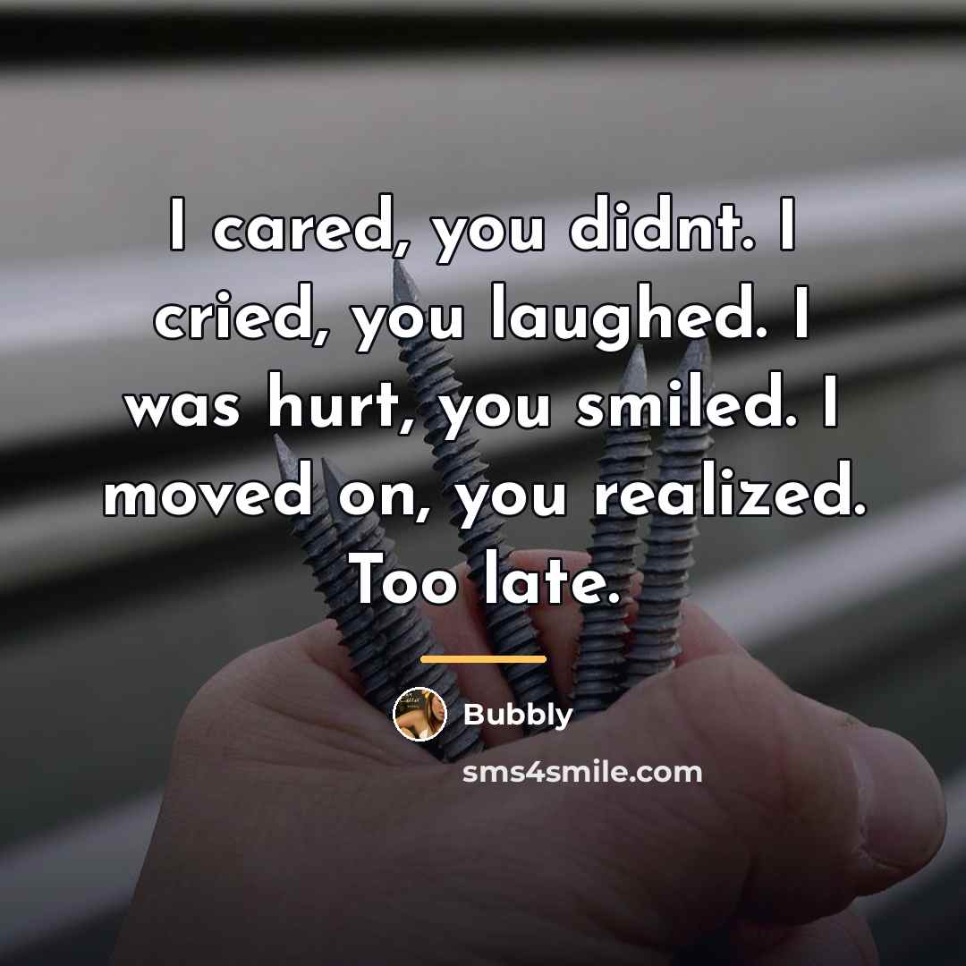 “I cared, you didnt. I cried, you laughed. I was…” quote by Bubbly