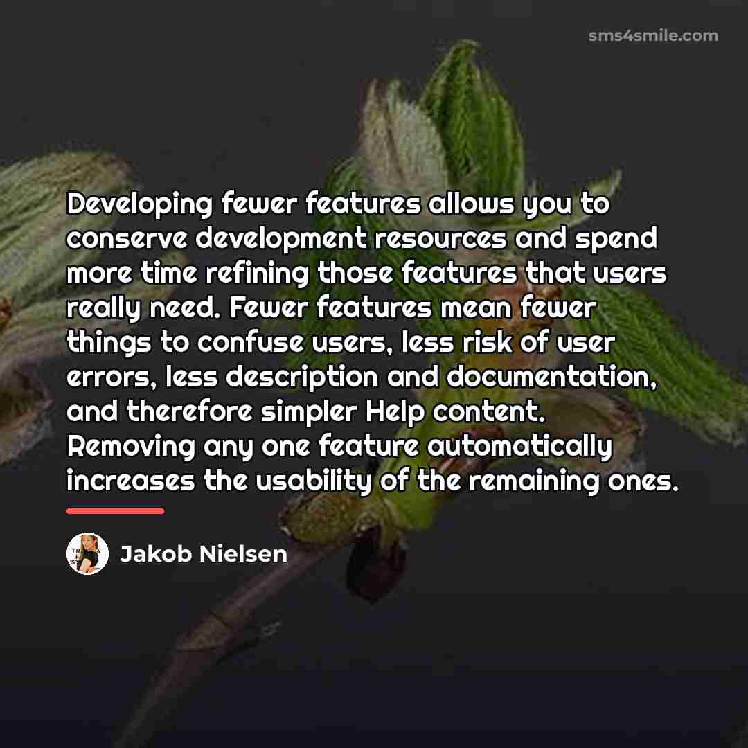 “Developing fewer features allows you to conserve development resources and…” quote by Jakob Nielsen