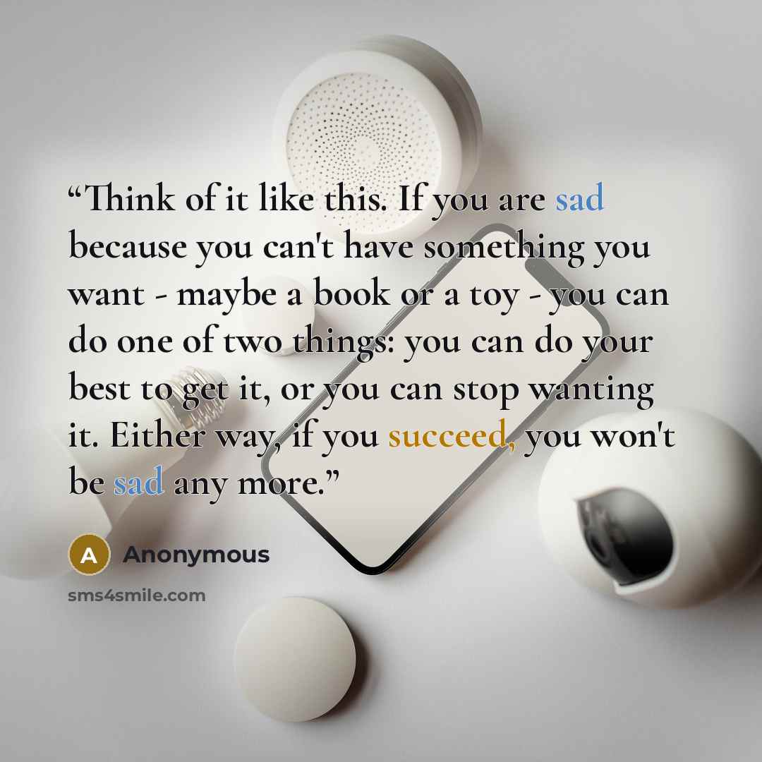 “Think of it like this. If you are sad because you can't have something you want - maybe a book or a toy - you can do one of two things: you can do your best to get it, or you can stop wanting it. Either way, if you succeed, you won't be sad any more.” quote by Anonymous