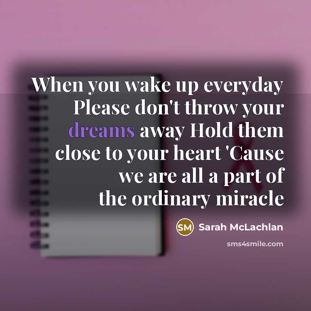 “When you wake up everyday Please don't throw your dreams…” quote by Sarah McLachlan