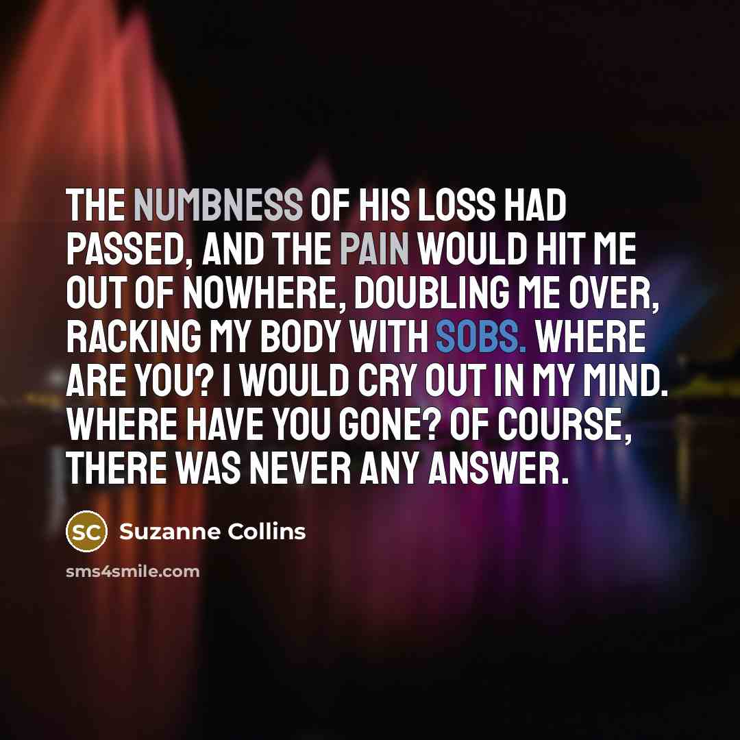 “The numbness of his loss had passed, and the pain…” quote by Suzanne Collins