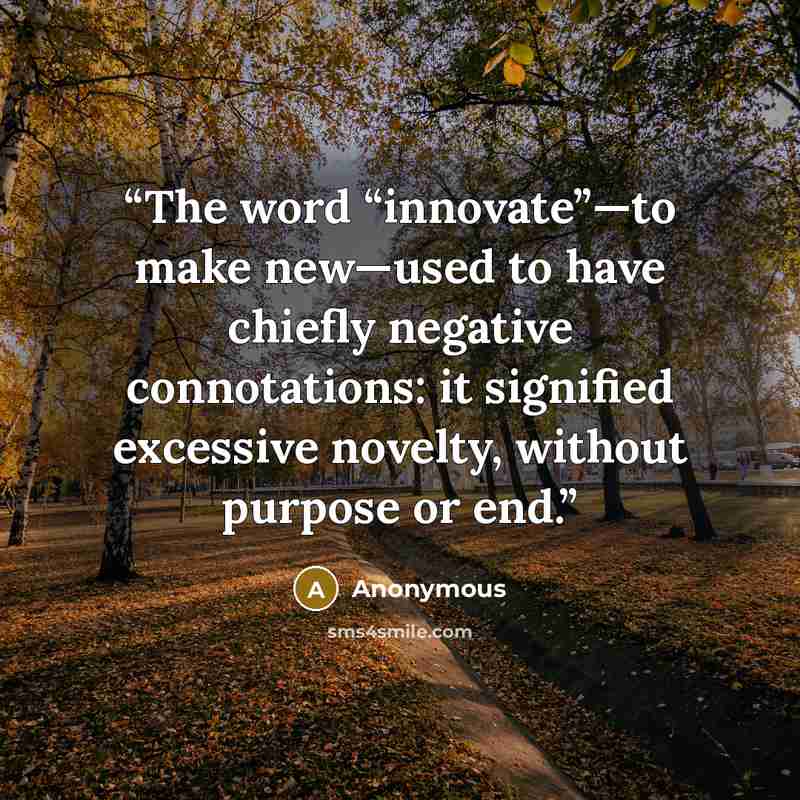 “The word “innovate”—to make new—used to have chiefly negative connotations: it signified excessive novelty, without purpose or end.” quote by Anonymous