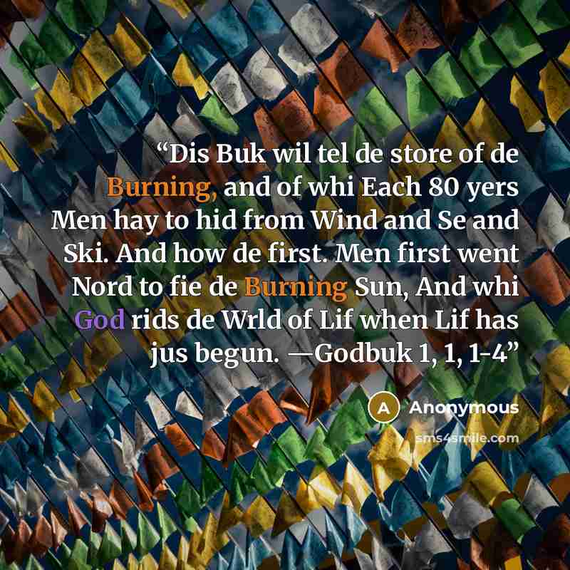 “Dis Buk wil tel de store of de Burning, and of whi Each 80 yers Men hay to hid from Wind and Se and Ski. And how de first. Men first went Nord to fie de Burning Sun, And whi God rids de Wrld of Lif when Lif has jus begun. —Godbuk 1, 1, 1-4” quote by Anonymous