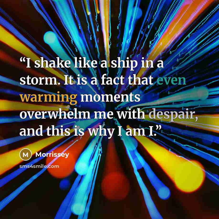 “I shake like a ship in a storm. It is a fact that even warming moments overwhelm me with despair, and this is why I am I.” quote by Morrissey