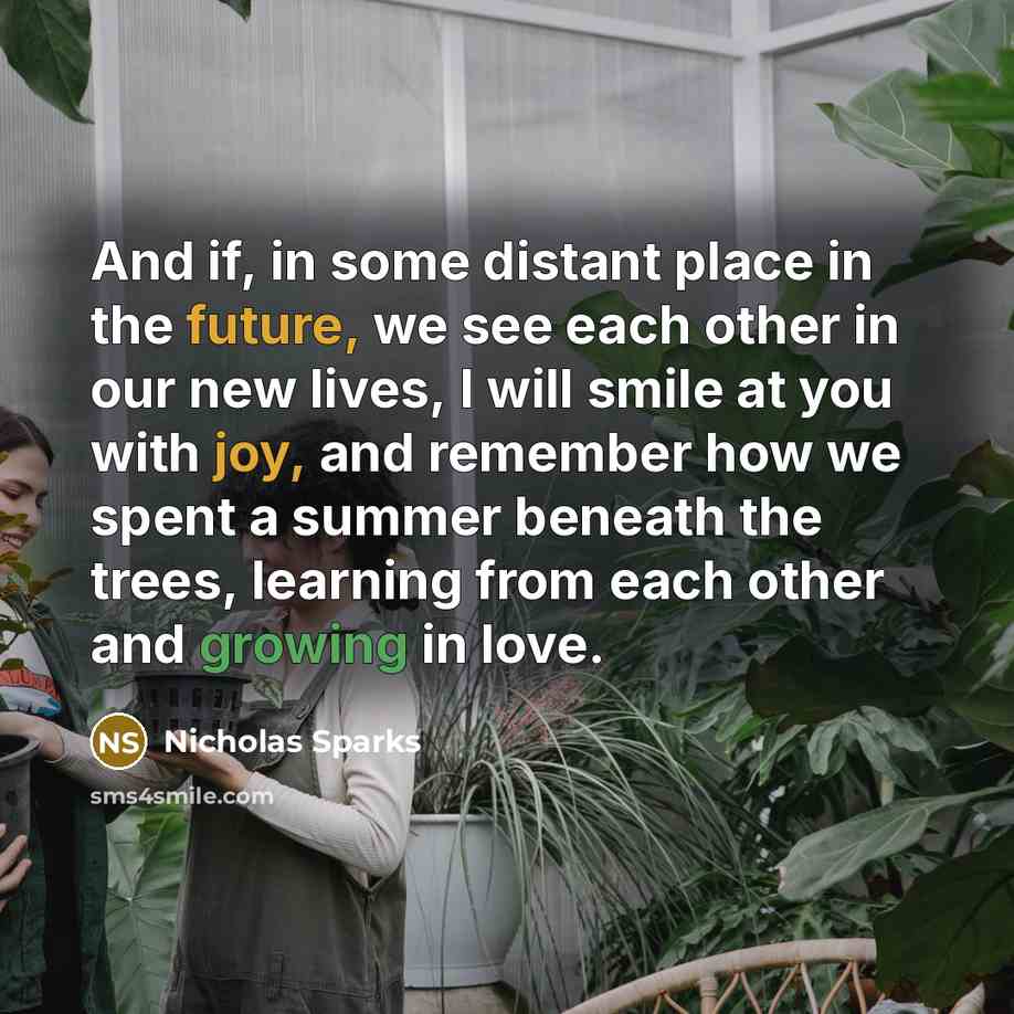 “And if, in some distant place in the future, we see each other in our new lives, I will smile at you with joy, and remember how we spent a summer beneath the trees, learning from each other and growing in love.” quote by Nicholas Sparks
