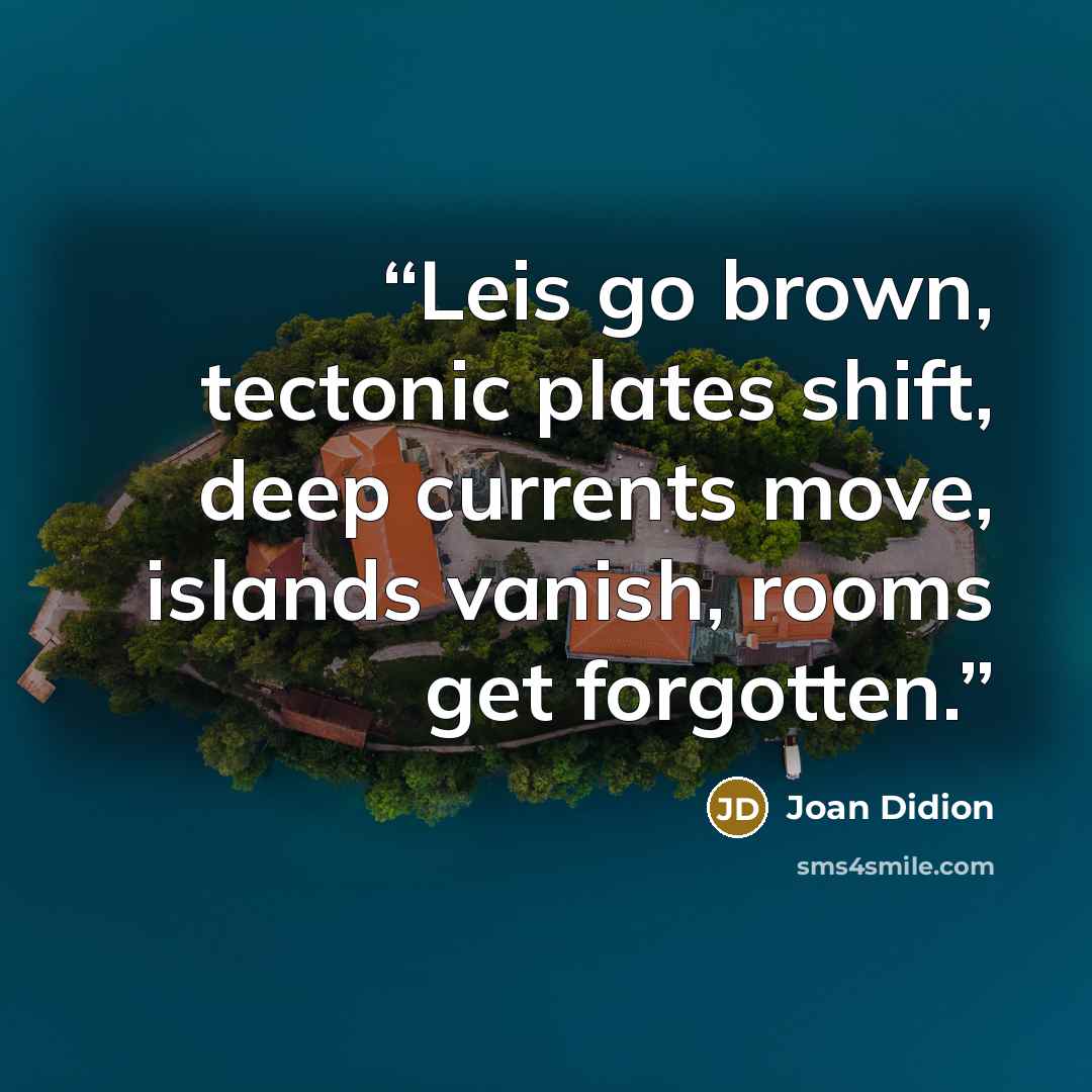 “Leis go brown, tectonic plates shift, deep currents move, islands vanish, rooms get forgotten.” quote by Joan Didion