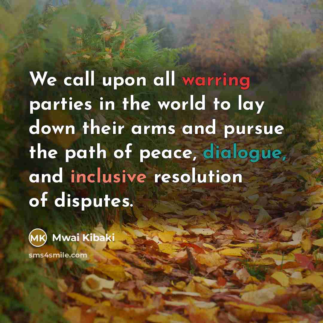 “We call upon all warring parties in the world to…” quote by Mwai Kibaki