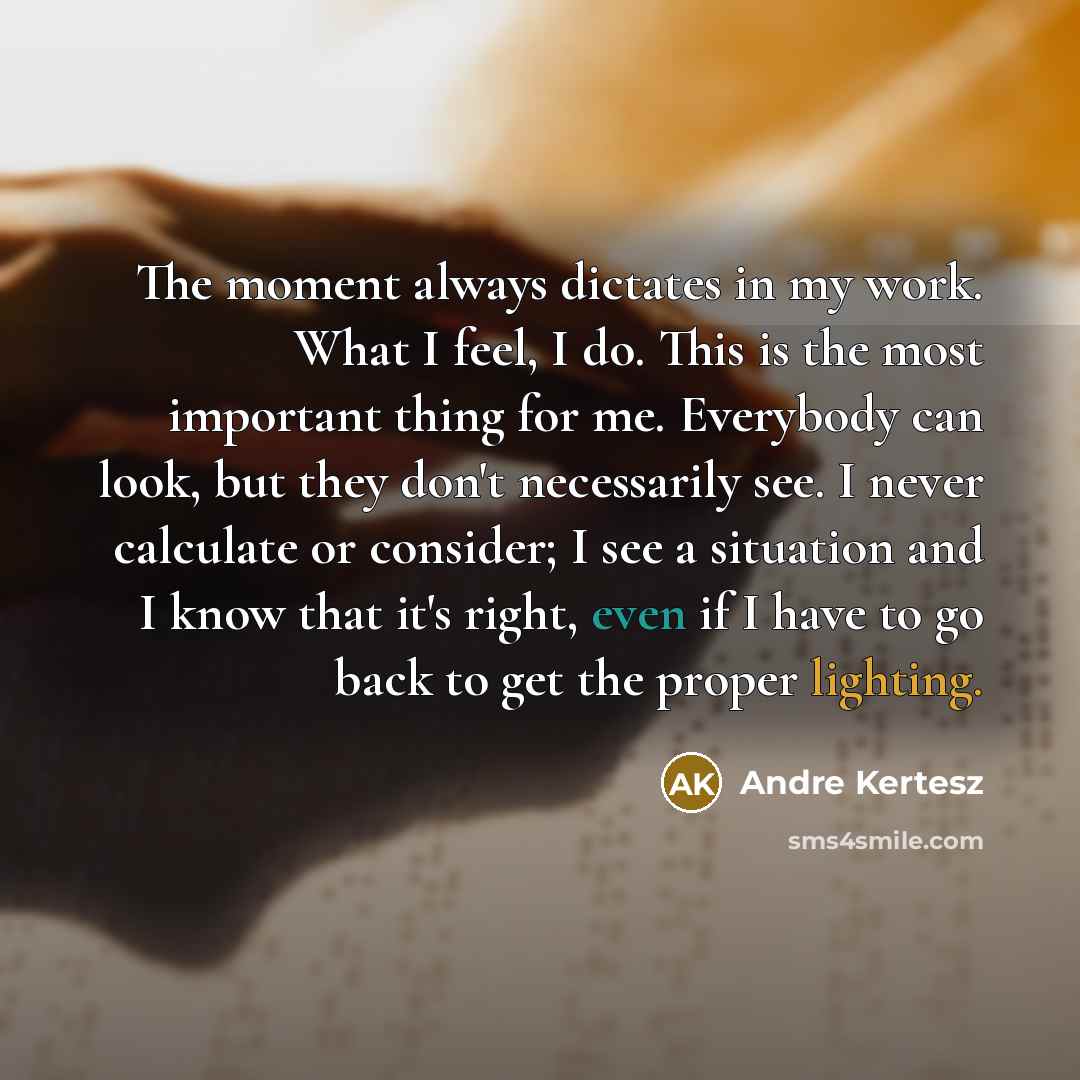 “The moment always dictates in my work. What I feel, I do. This is the most important thing for me. Everybody can look, but they don't necessarily see. I never calculate or consider; I see a situation and I know that it's right, even if I have to go back to get the proper lighting.” quote by Andre Kertesz