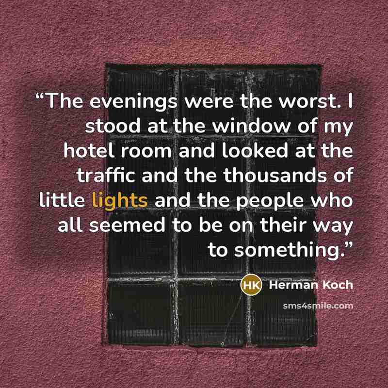 “The evenings were the worst. I stood at the window of my hotel room and looked at the traffic and the thousands of little lights and the people who all seemed to be on their way to something.” quote by Herman Koch