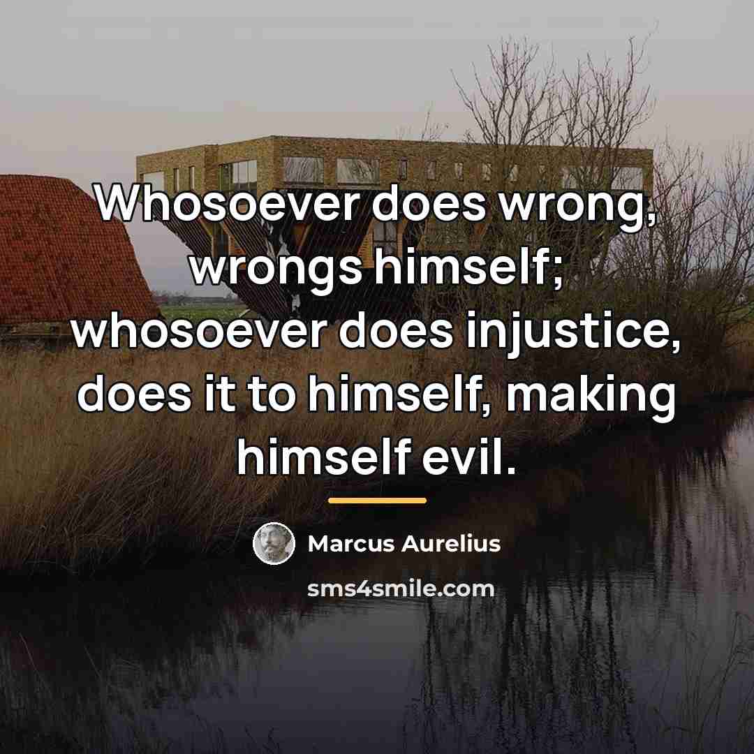 “Whosoever does wrong, wrongs himself; whosoever does injustice, does it…” quote by Marcus Aurelius
