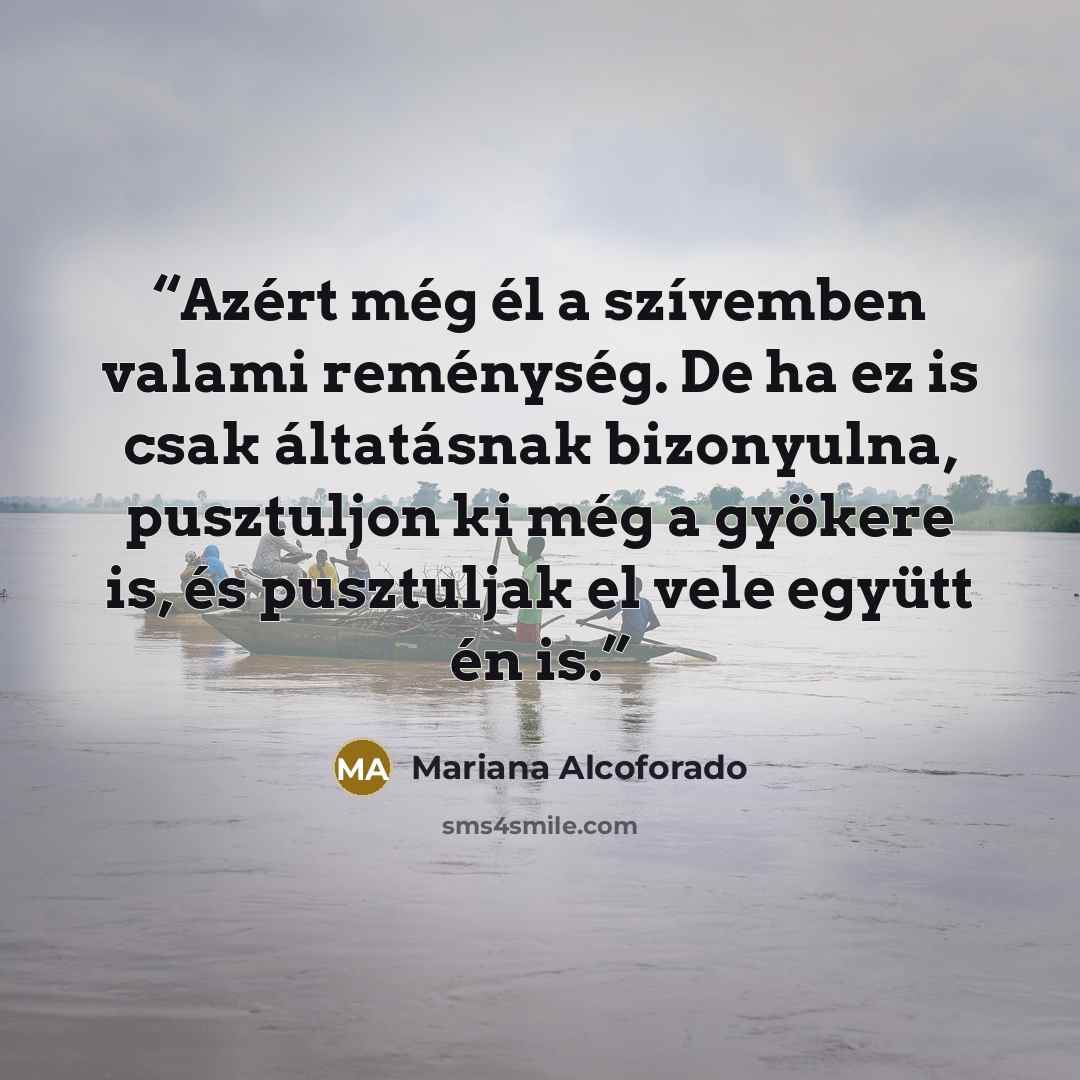 “Azért még él a szívemben valami reménység. De ha ez is csak áltatásnak bizonyulna, pusztuljon ki még a gyökere is, és pusztuljak el vele együtt én is.” quote by Mariana Alcoforado