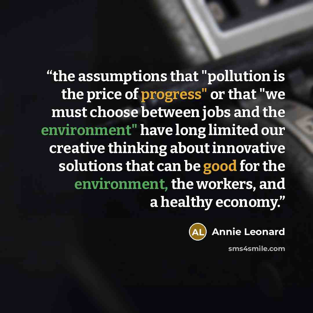 “the assumptions that "pollution is the price of progress" or that "we must choose between jobs and the environment" have long limited our creative thinking about innovative solutions that can be good for the environment, the workers, and a healthy economy.” quote by Annie Leonard