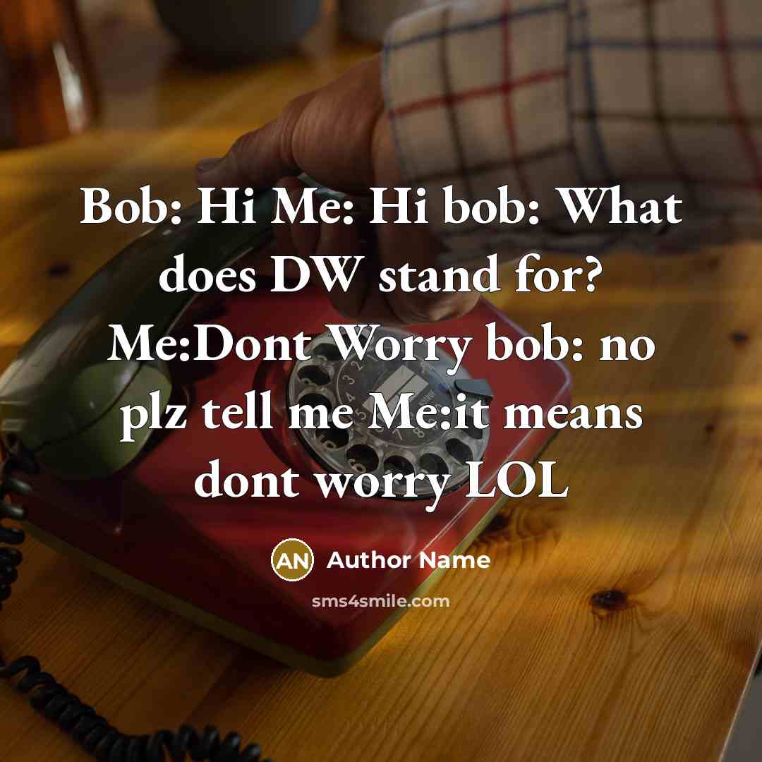 “Bob: Hi Me: Hi bob: What does DW stand for? Me:Dont Worry bob: no plz tell me Me:it means dont worry LOL” quote by Author Name