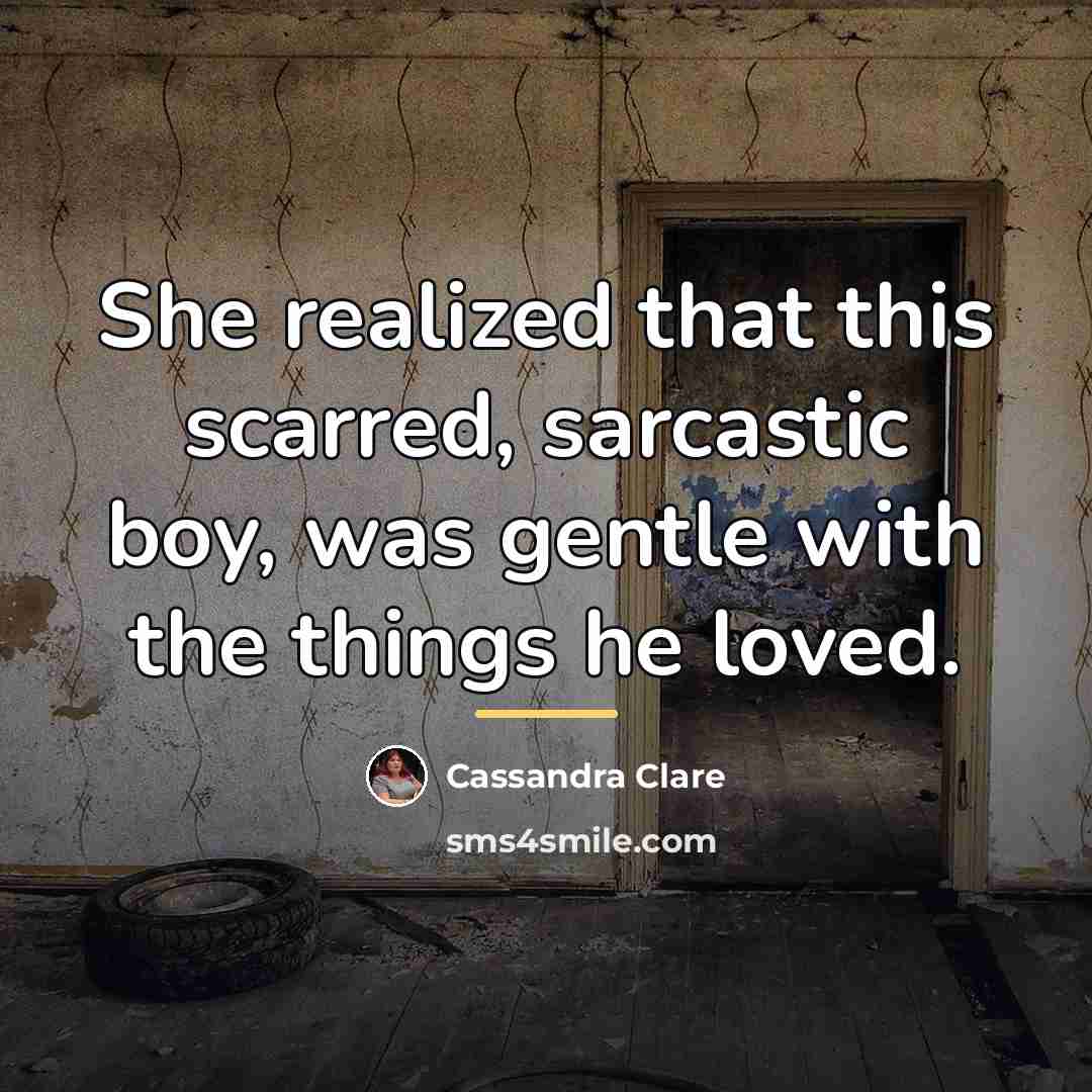 “She realized that this scarred, sarcastic boy, was gentle with…” quote by Cassandra Clare