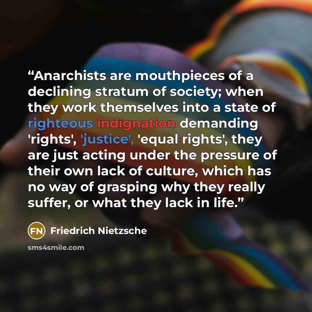 “Anarchists are mouthpieces of a declining stratum of society; when they work themselves into a state of righteous indignation demanding 'rights', 'justice', 'equal rights', they are just acting under the pressure of their own lack of culture, which has no way of grasping why they really suffer, or…” quote by Friedrich Nietzsche